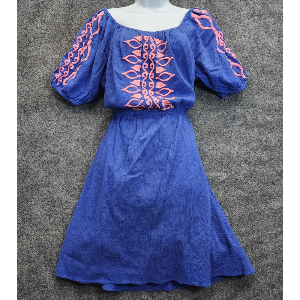 Talbots Womens Blue Embroidered Boho Peasant Cotton Gauze Casual Dress 2XP